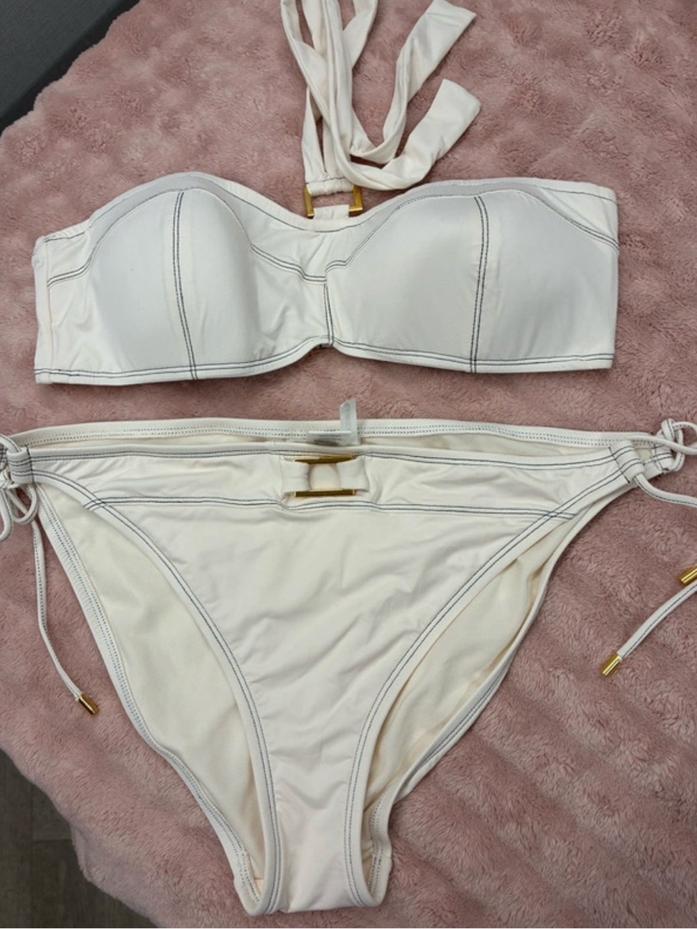Bleu Rod Beattie Cream Bandeau Bikini with Gold Accents - both pieces!
